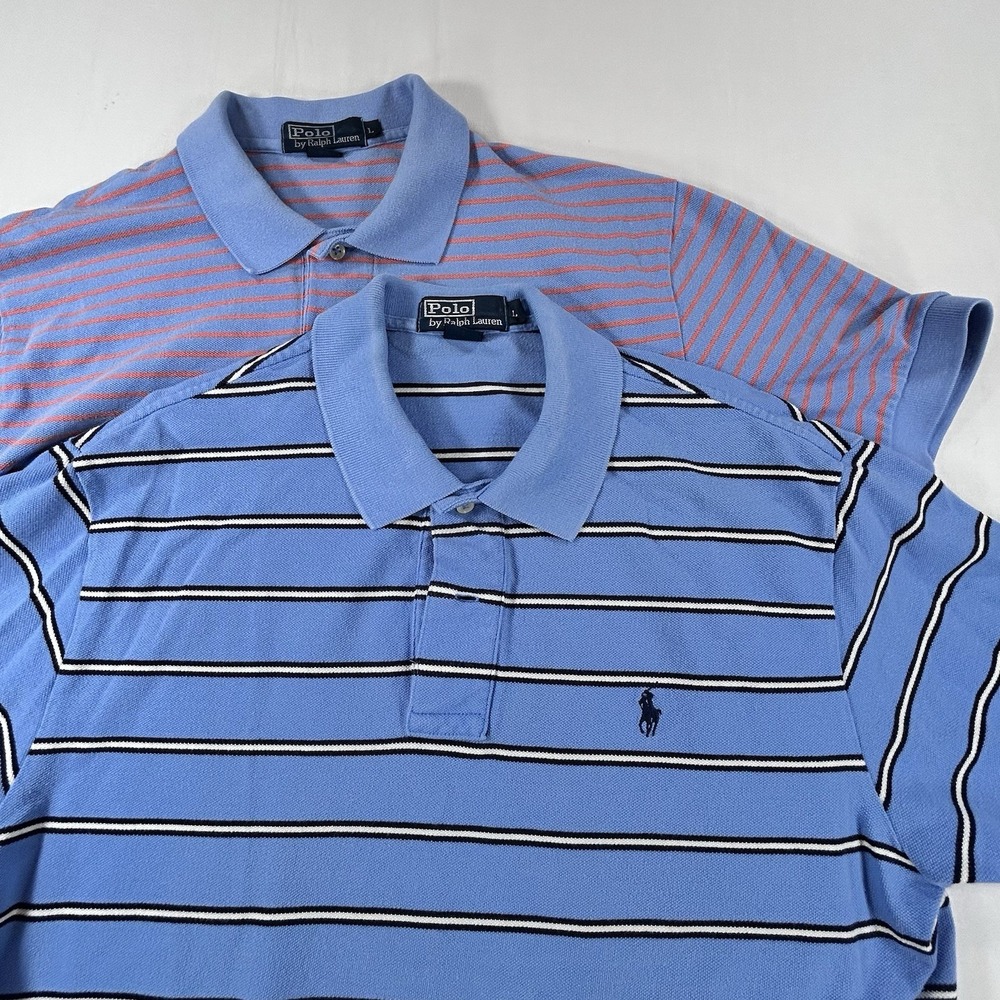 (2) Polo Ralph Lauren Men's L Blue Orange Black Striped Shirts Pony 100% Cotton